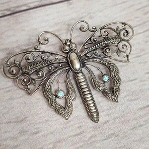 Silver Butterfly Dragonfly Brooch with Blue Accents